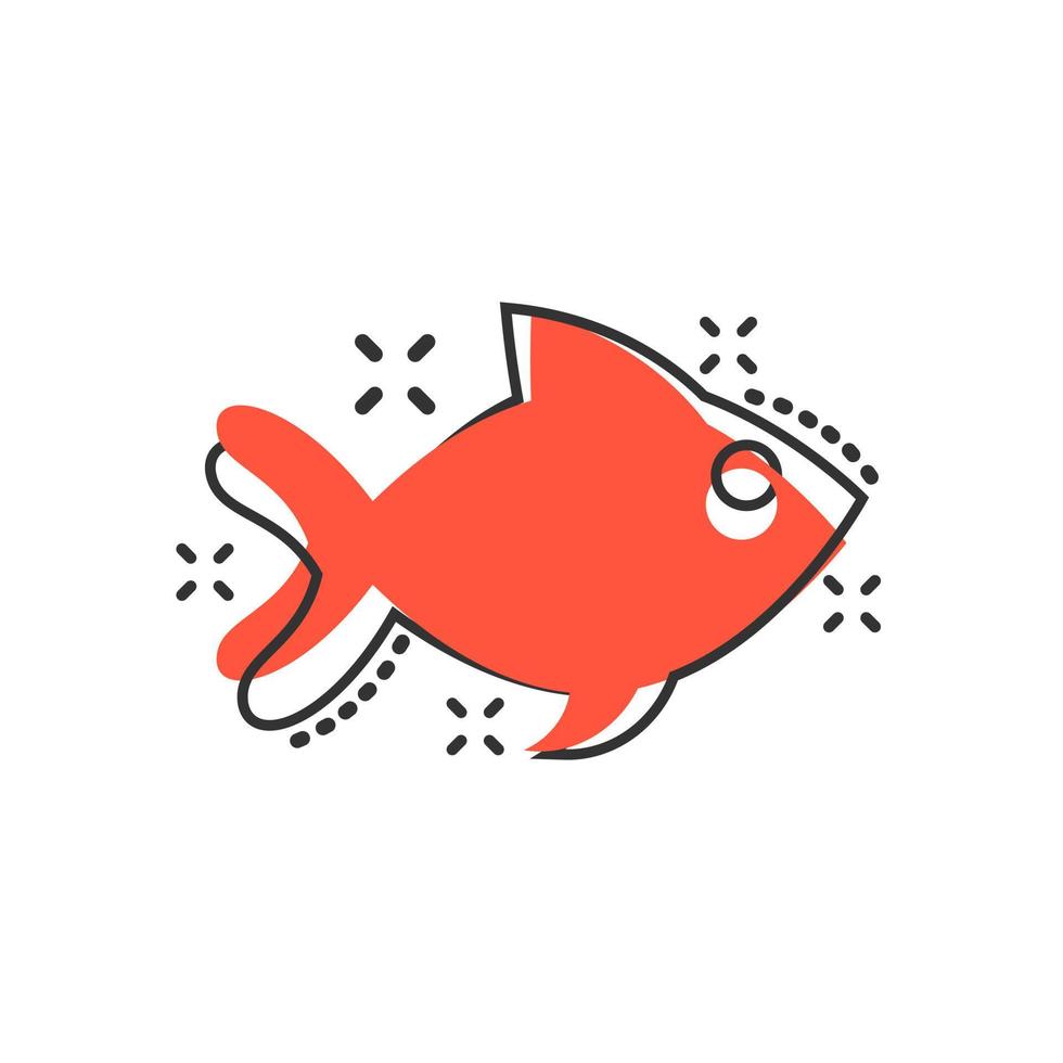 icono de signo de pescado en estilo cómico. ilustración de dibujos animados de vector de pez dorado sobre fondo blanco aislado. efecto de salpicadura del concepto de negocio de mariscos.