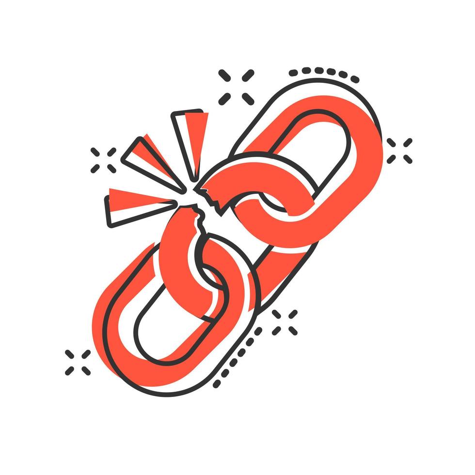 Broken chain sign icon in comic style. Disconnect link vector cartoon illustration on white isolated background. Detach business concept splash effect.