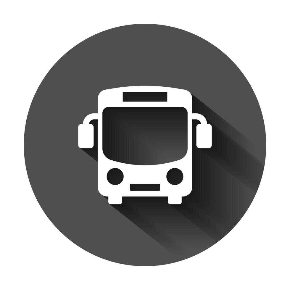 School bus icon in flat style. Autobus vector illustration on black round background with long shadow. Coach transport business concept.