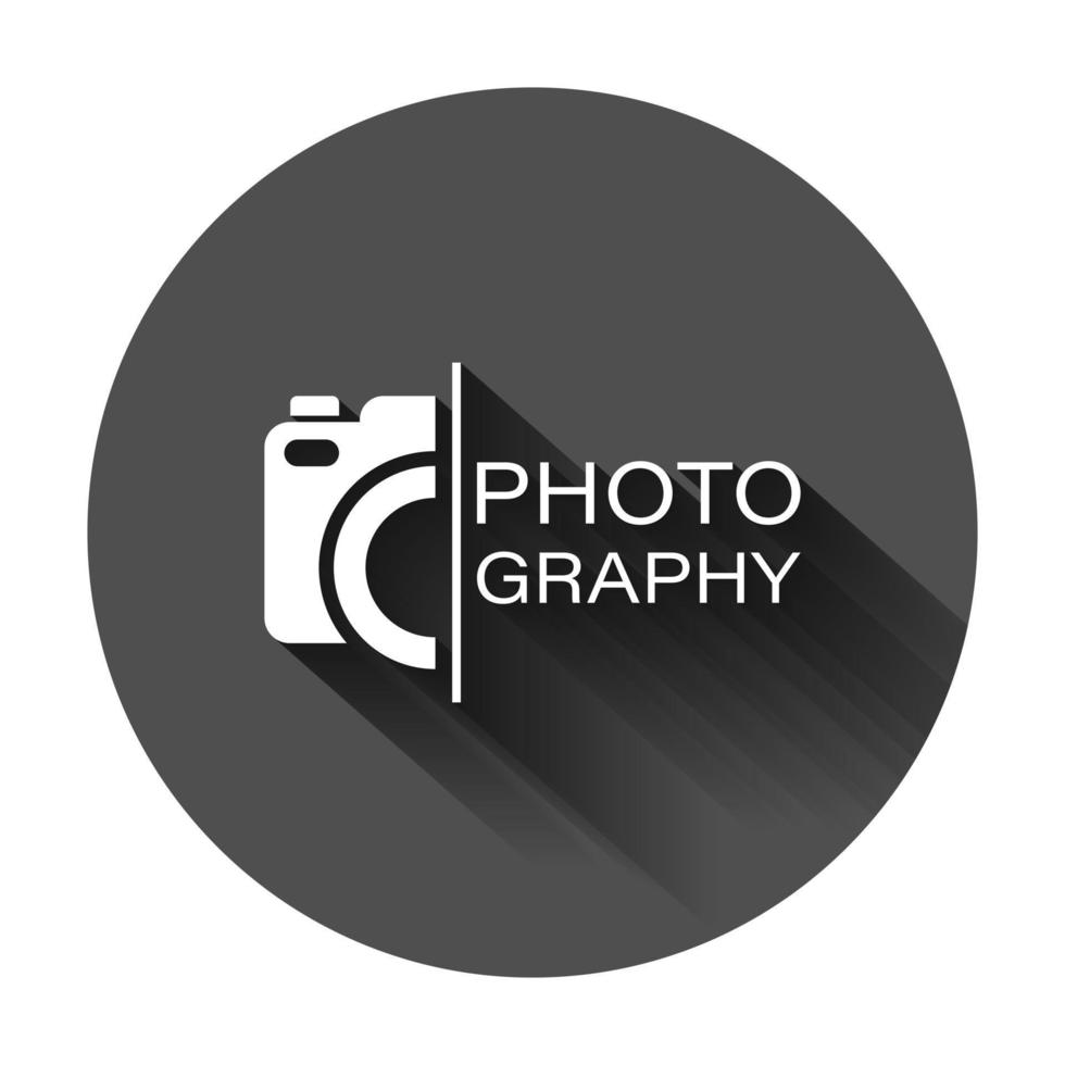 Camera device sign icon in flat style. Photography vector illustration on black round background with long shadow. Cam equipment business concept.