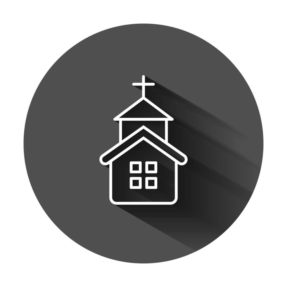 Church icon in flat style. Chapel vector illustration on black round background with long shadow. Religious building business concept.