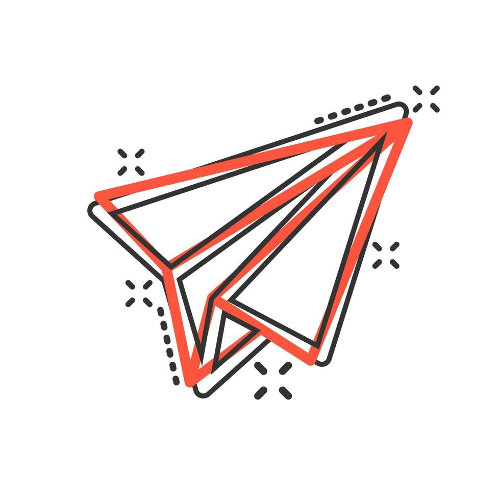 Paper airplane icon in comic style. Plane vector cartoon illustration on white isolated background. Air flight business concept splash effect.
