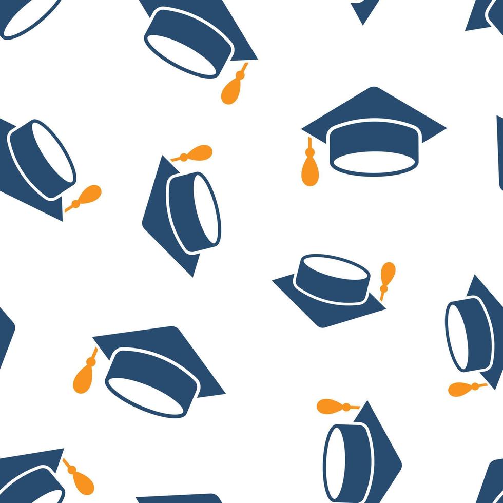 Graduation cap icon seamless pattern background. Education hat vector illustration on white isolated background. University bachelor business concept.