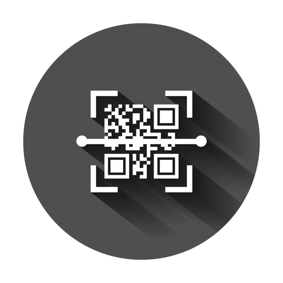 Qr code scan icon in flat style. Scanner id vector illustration on black round background with long shadow. Barcode business concept.