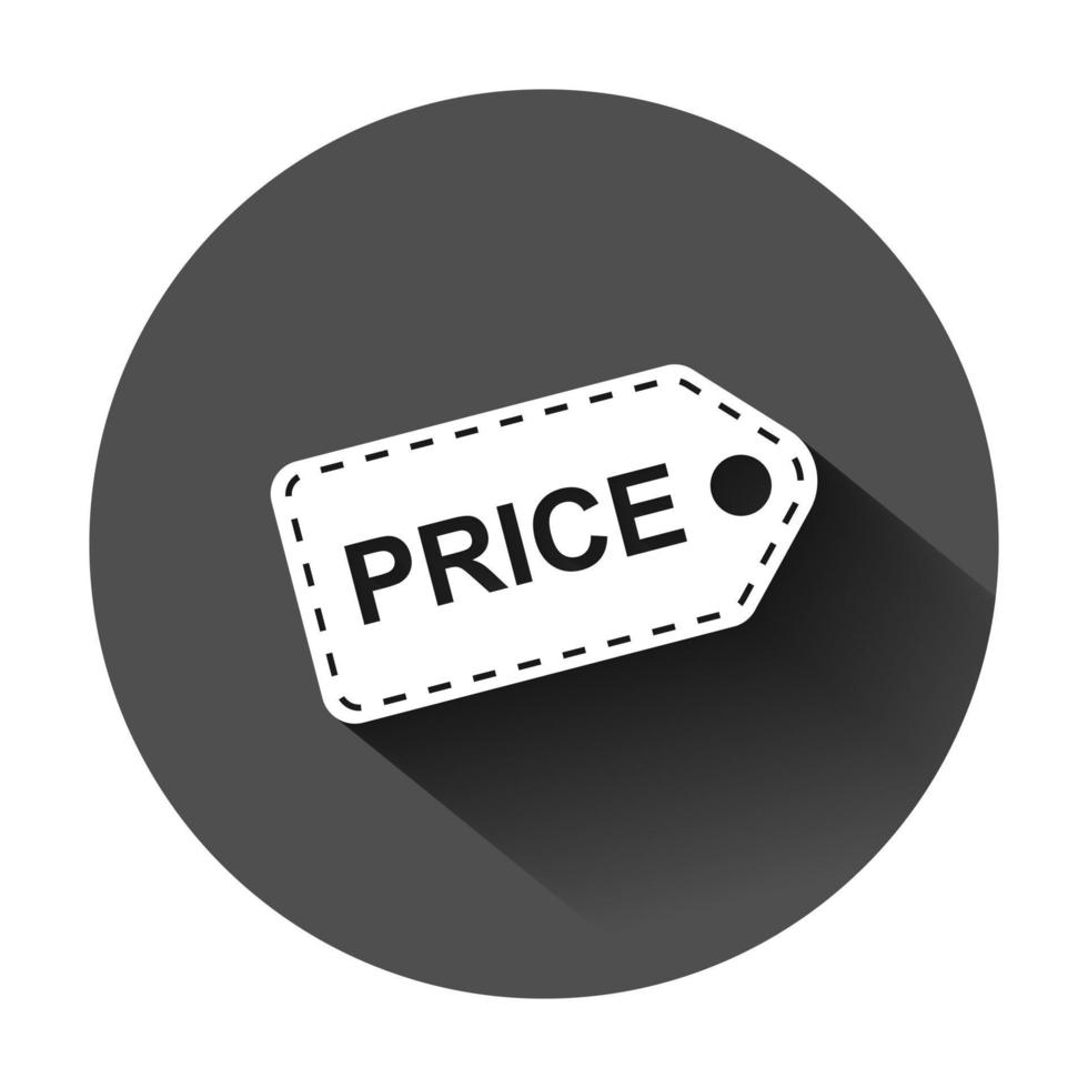 Price coupon icon in flat style. Price tag vector illustration on black round background with long shadow. Sale sticker business concept.