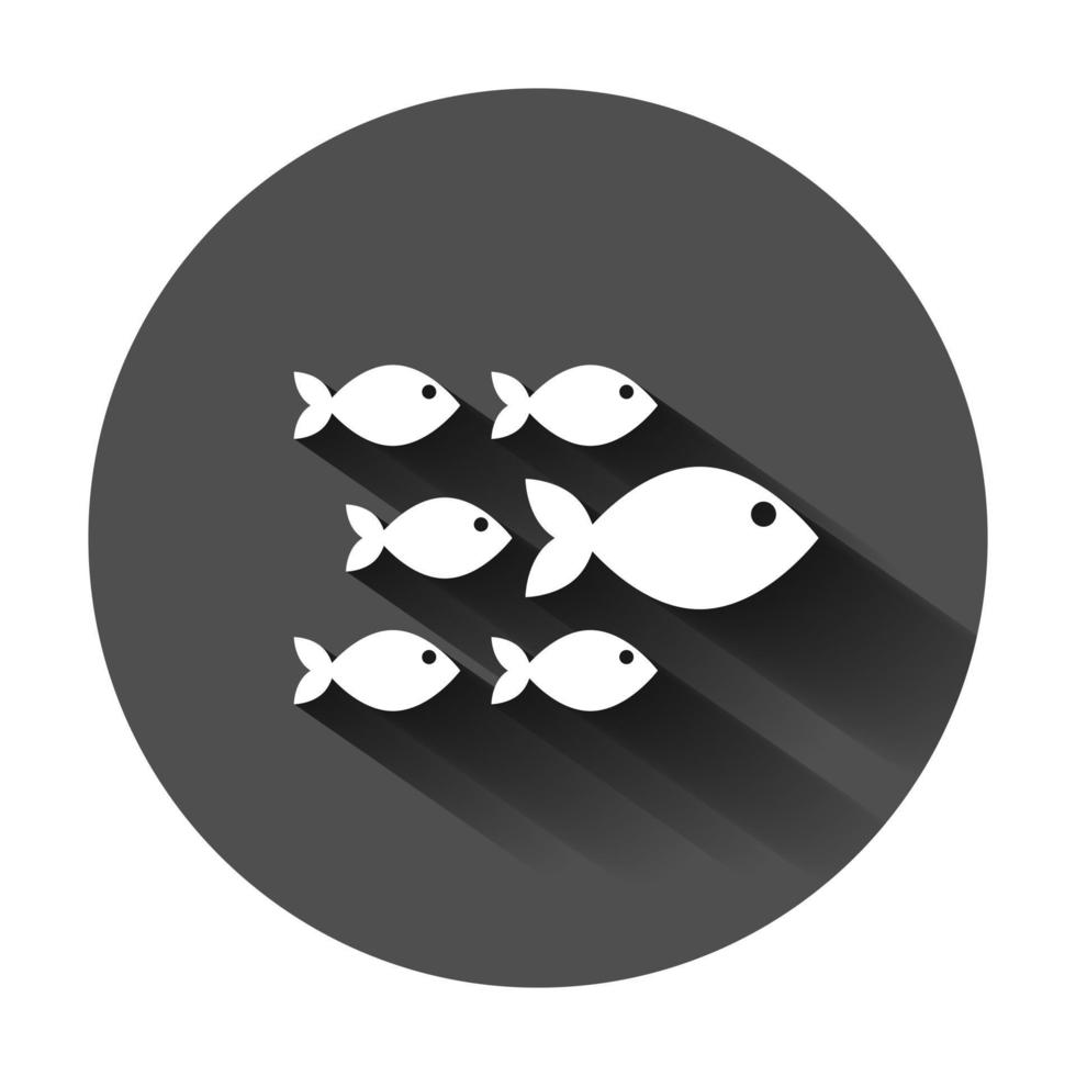 Fish sign icon in flat style. Goldfish vector illustration on black round background with long shadow. Seafood business concept.