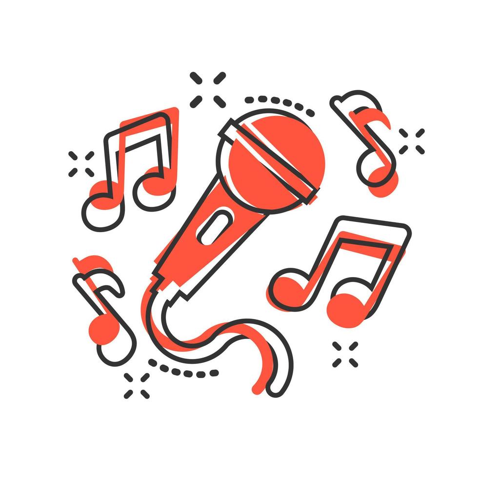 Karaoke music icon in comic style. Microphone speech vector cartoon illustration on white isolated background. Audio equipment business concept splash effect.