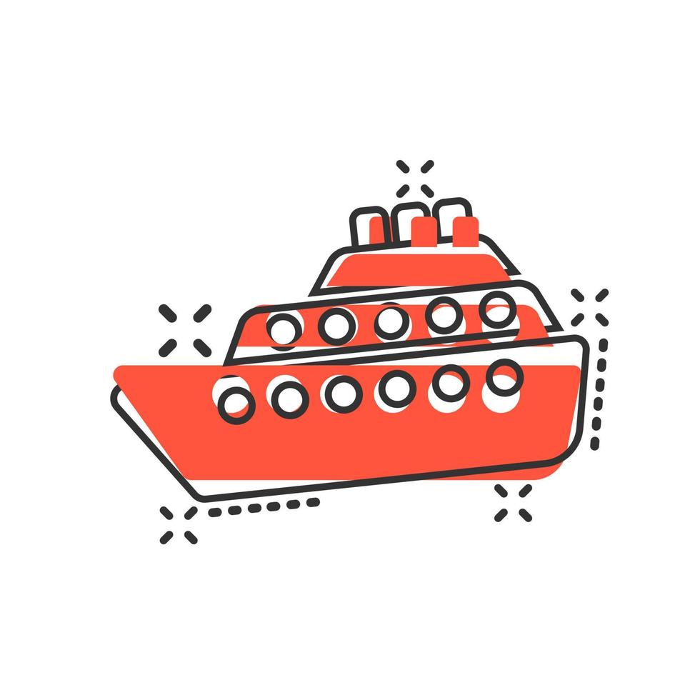 icono de signo de crucero de barco en estilo cómico. ilustración de dibujos animados de vector de barco de carga sobre fondo blanco aislado. efecto de salpicadura del concepto de negocio del buque.