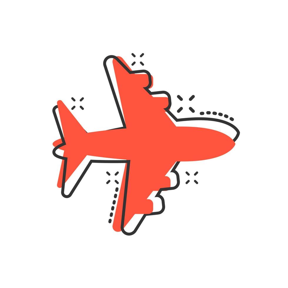 Airplane sign vector icon in comic style. Airport plane cartoon illustration. Business concept simple flat pictogram splash effect.