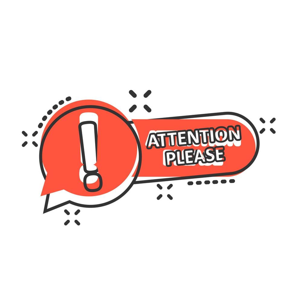 Attention please sign icon in comic style. Warning information vector cartoon illustration on white isolated background. Exclamation business concept splash effect.