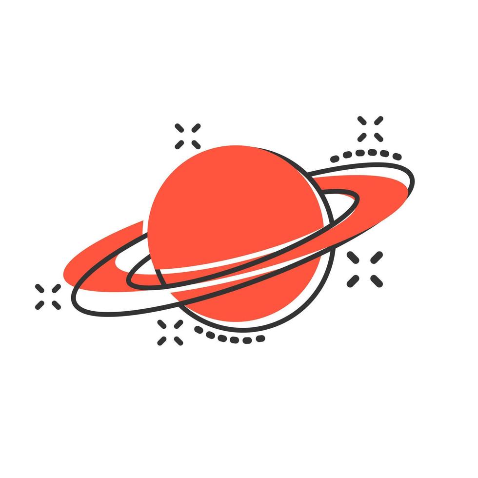 Saturn icon in comic style. Planet vector cartoon illustration on white isolated background. Galaxy space business concept splash effect.