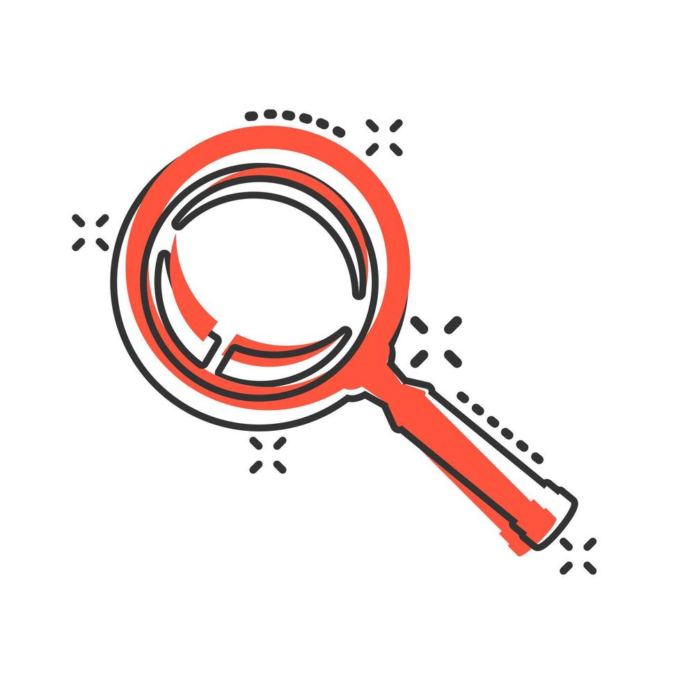 Loupe sign icon in comic style. Magnifier vector cartoon illustration on white isolated background. Search business concept splash effect.