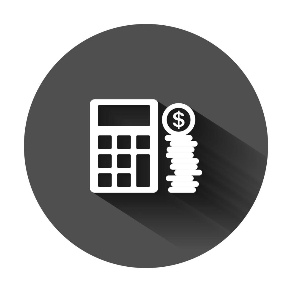 Money calculation icon in flat style. Budget banking vector illustration on black round background with long shadow. Financial payment business concept.