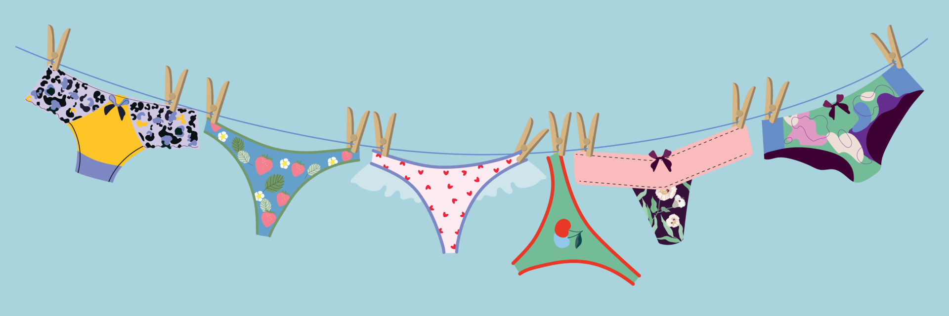 Women's panties hanging on a rope. The underwear is dried after washing.  Various options for panties. Vector flat illustration, hand drawing for  design. 20599764 Vector Art at Vecteezy