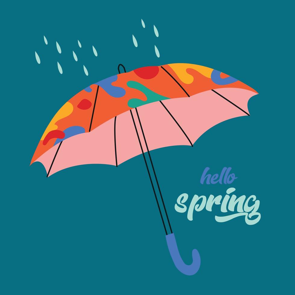 Hola primavera mano dibujado plano vector ilustración. letras primavera temporada con paraguas para saludo tarjeta