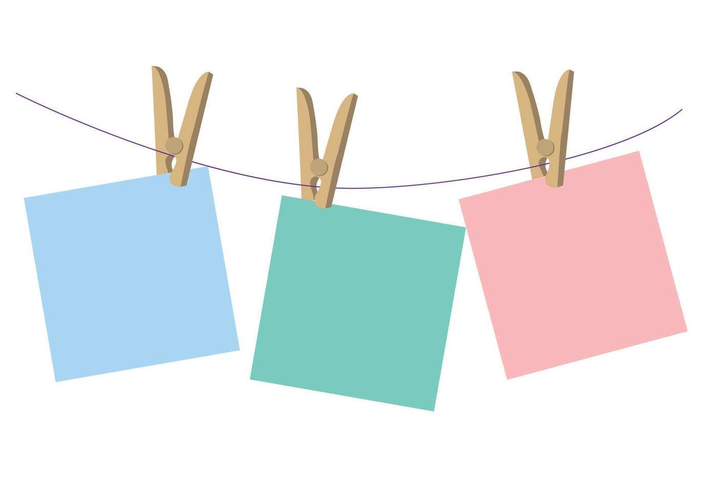 vector blank post-its.Multi-colored note paper on a white background hangs on a rope.