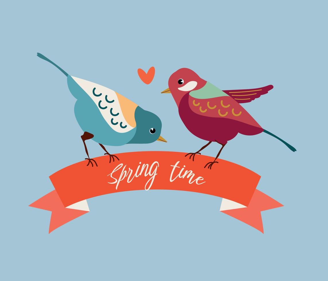 tarjeta postal con primavera citas, aves, cinta, corazón. mano dibujado primavera vector. vector