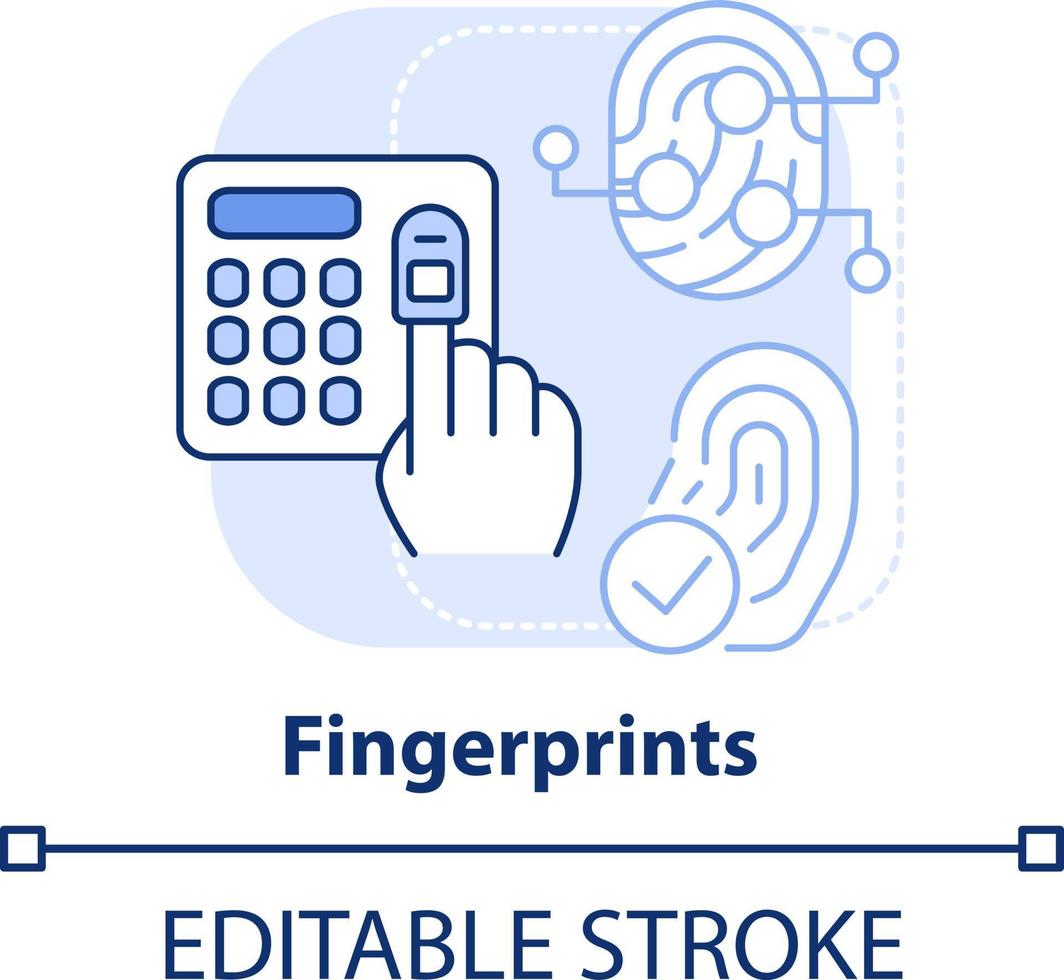 huellas dactilares ligero azul concepto icono. biométrico identificación resumen idea Delgado línea ilustración. automatizado reconocimiento. aislado contorno dibujo. editable carrera vector