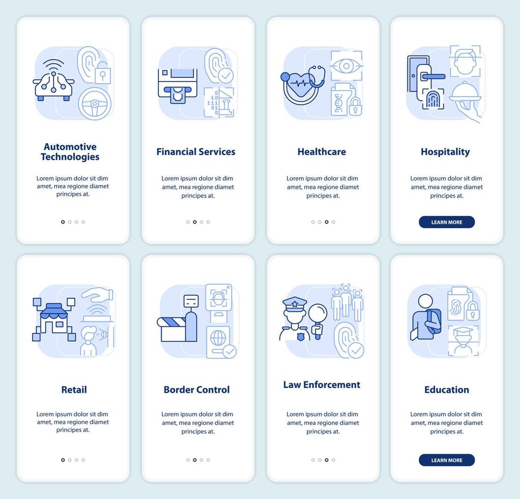 Usage of biometrics light blue onboarding mobile app screen set. Walkthrough 4 steps editable graphic instructions with linear concepts. UI, UX, GUI template vector