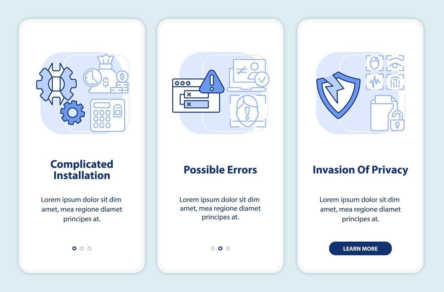 Biometrics drawbacks light blue onboarding mobile app screen. Walkthrough 3 steps editable graphic instructions with linear concepts. UI, UX, GUI template vector