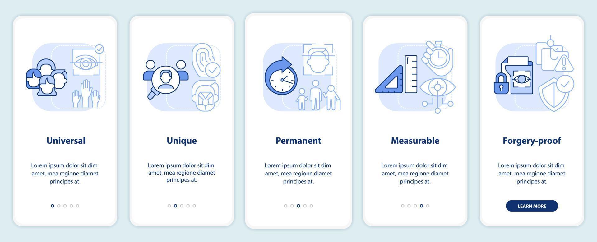 Advantages of biometric data light blue onboarding mobile app screen. Walkthrough 5 steps editable graphic instructions with linear concepts. UI, UX, GUI template vector