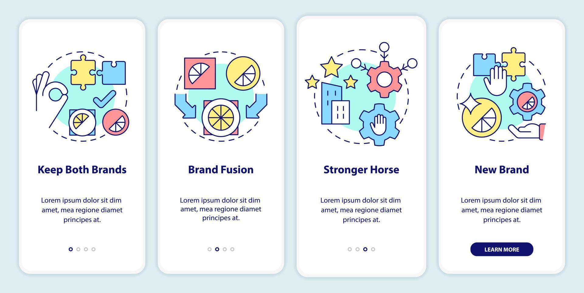 Brand consolidation strategies onboarding mobile app screen. Mergering walkthrough 4 steps editable graphic instructions with linear concepts. UI, UX, GUI template vector