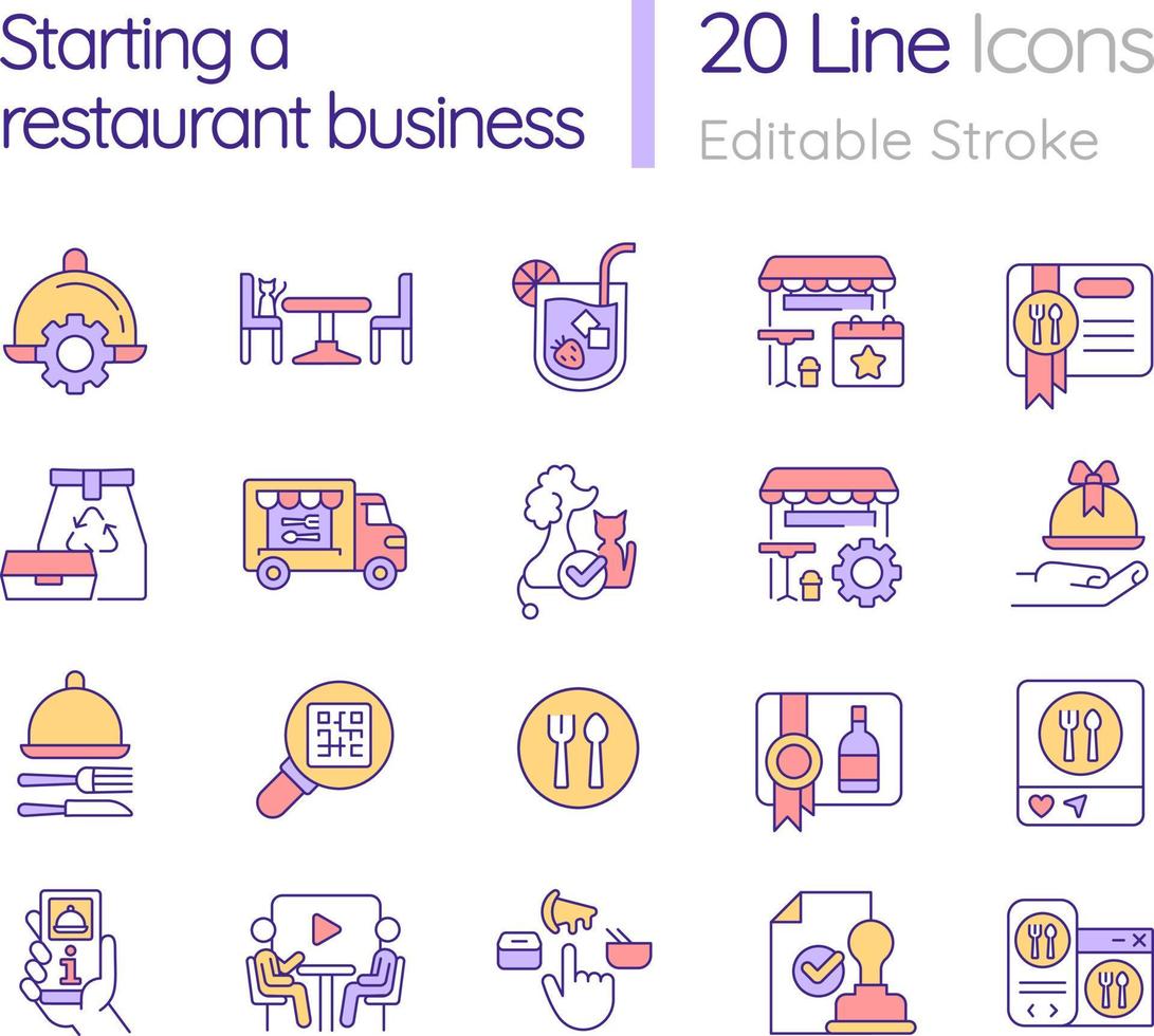 Starting restaurant business RGB color icons set. Foodservice establishment design. Isolated vector illustrations. Simple filled line drawings collection. Editable stroke