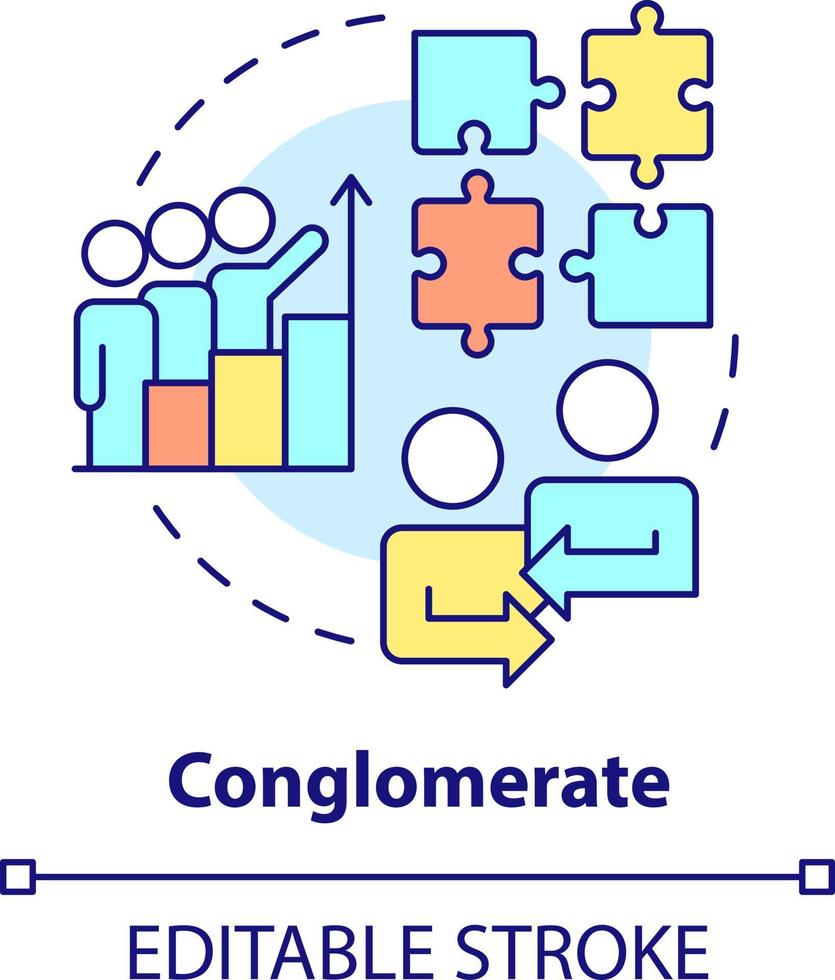 Conglomerate business merger concept icon. Different areas integration. Merger type abstract idea thin line illustration. Isolated outline drawing. Editable stroke vector