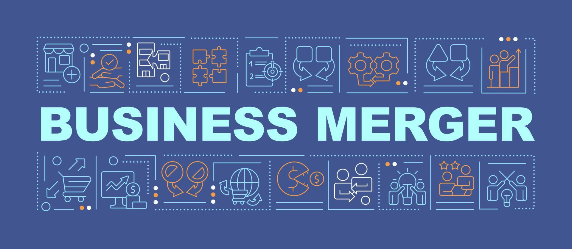 Business merger word concepts dark blue banner. Companies fusion. Infographics with editable icons on color background. Isolated typography. Vector illustration with text