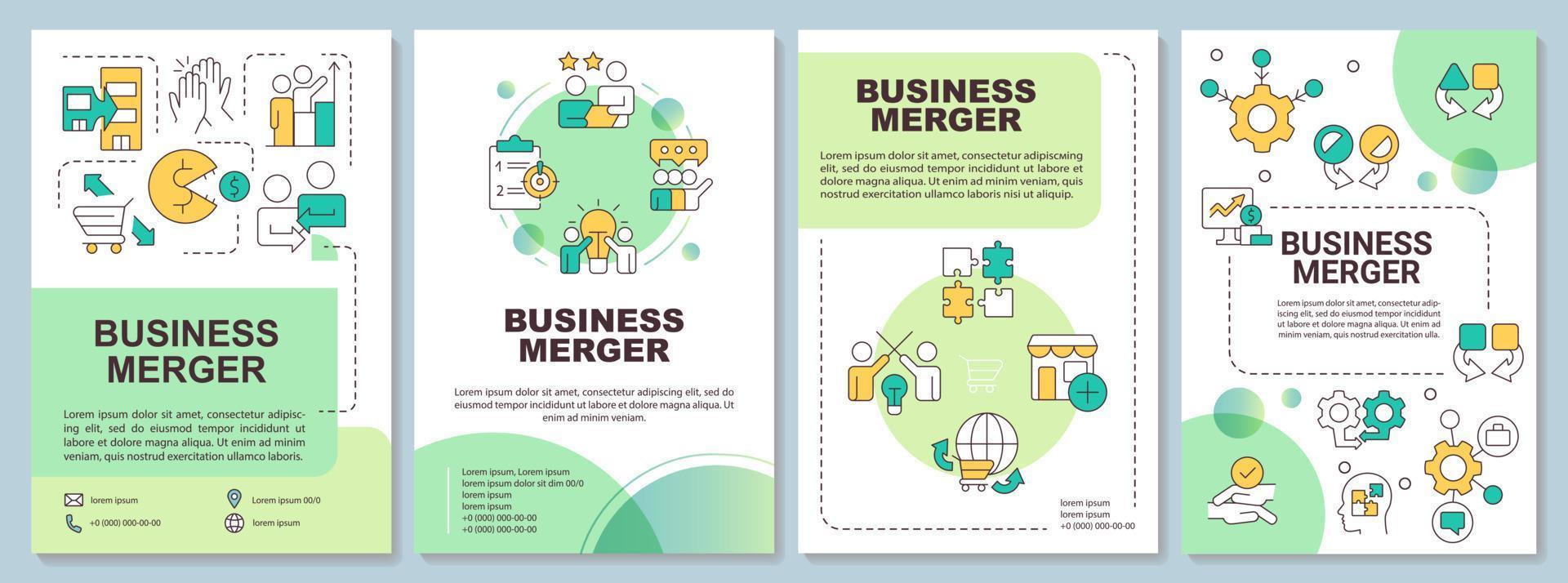 Business merger green brochure template. Consolidation. Leaflet design with linear icons. Editable 4 vector layouts for presentation, annual reports