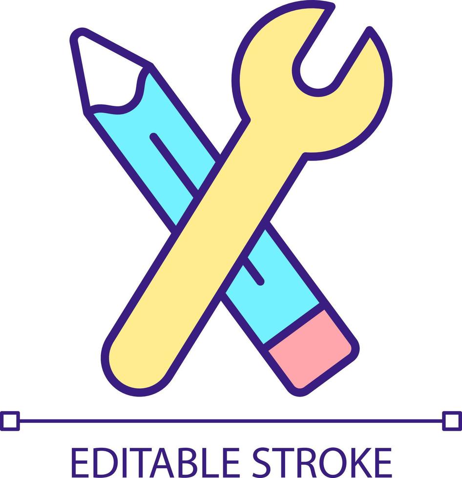 Pencil and spanner RGB color icon. Practical skills. Building and creating. Architecture instruments. Isolated vector illustration. Simple filled line drawing. Editable stroke