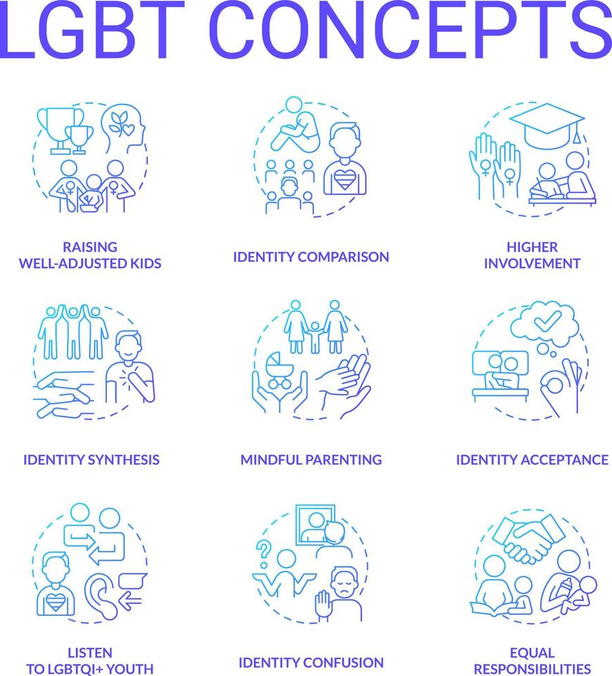 LGBT blue gradient concept icons set. Culture and movement. Gender and identity. LGBTQ community idea thin line color illustrations. Isolated symbols vector