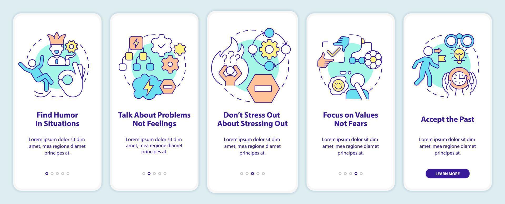 Dealing with change onboarding mobile app screen. Easy adaptation walkthrough 5 steps editable graphic instructions with linear concepts. UI, UX, GUI template vector