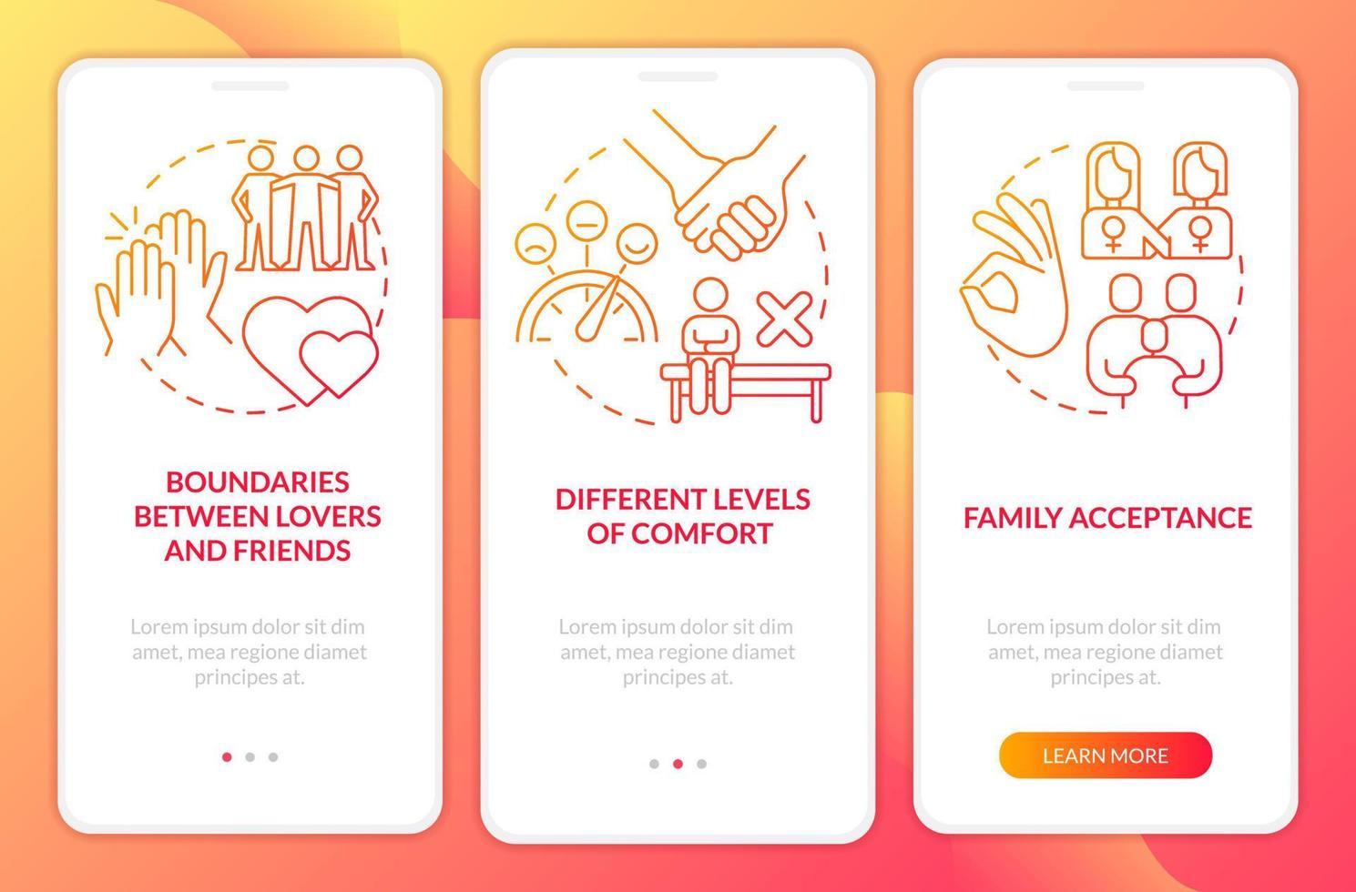 Issues within LGBT couples red gradient onboarding mobile app screen. Walkthrough 3 steps graphic instructions with linear concepts. UI, UX, GUI template vector