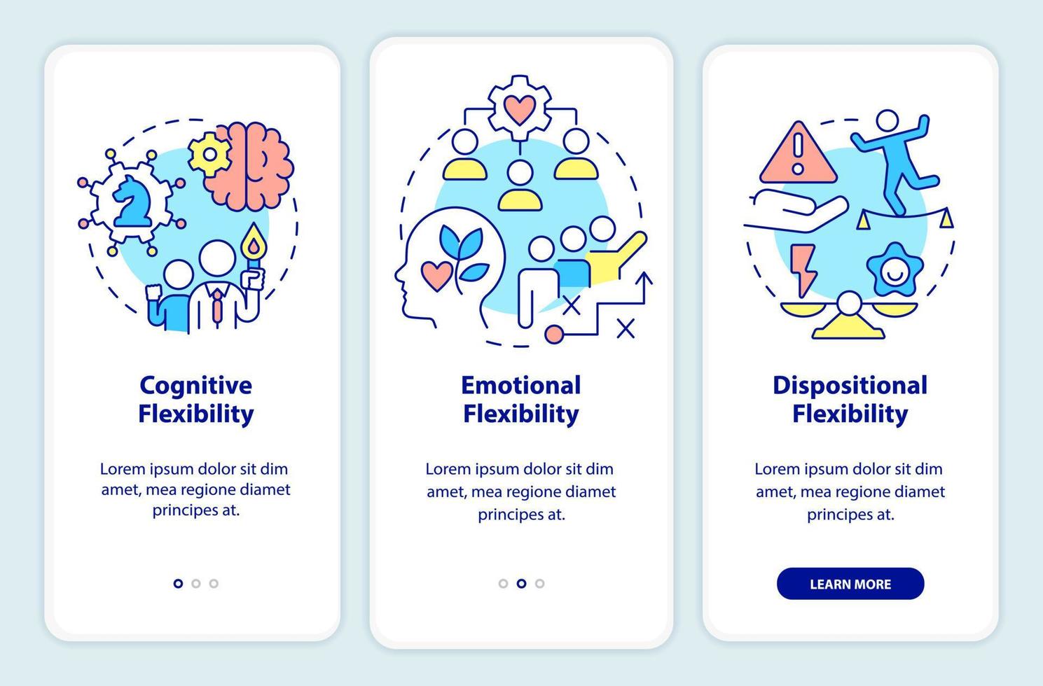 Leader flexible types onboarding mobile app screen. Adaptability walkthrough 3 steps editable graphic instructions with linear concepts. UI, UX, GUI template vector