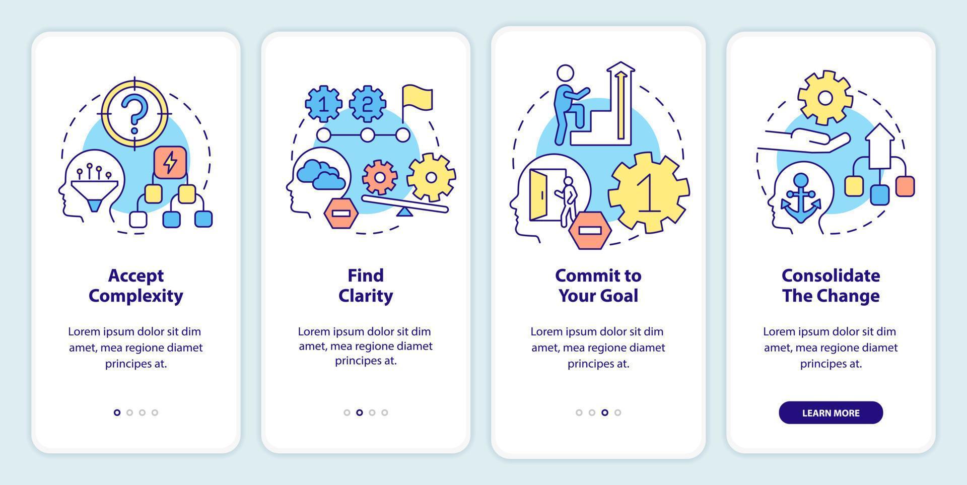 Adaptation to complex change onboarding mobile app screen. Skills walkthrough 4 steps editable graphic instructions with linear concepts. UI, UX, GUI template vector