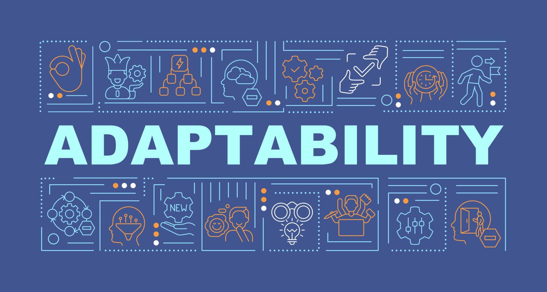 Adaptability word concepts dark blue banner. Ready for changes
