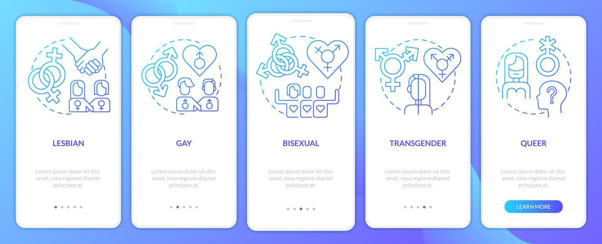 LGBT community includes blue gradient onboarding mobile app screen. Walkthrough 5 steps graphic instructions with linear concepts. UI, UX, GUI template vector