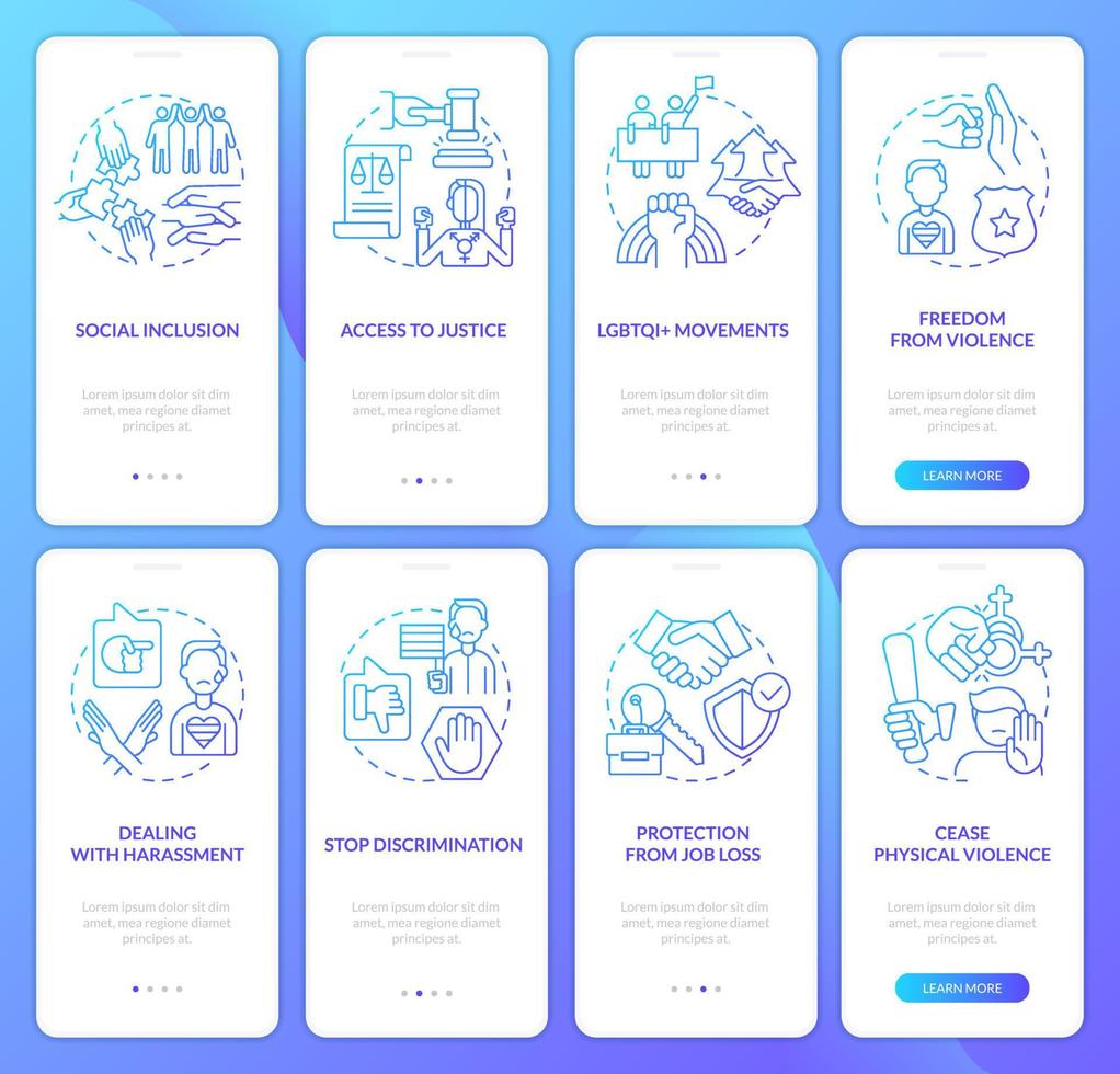 LGBT issues and support blue gradient onboarding mobile app screen set. Walkthrough 4 steps graphic instructions with linear concepts. UI, UX, GUI template vector