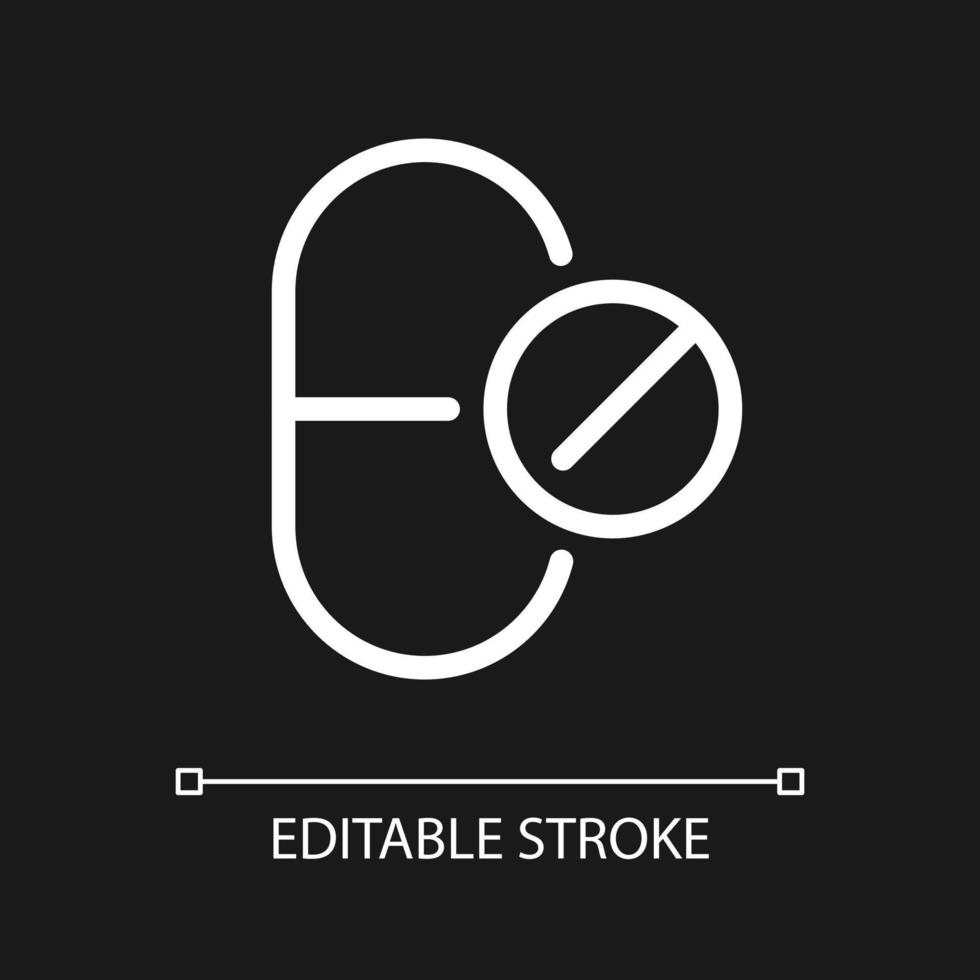 Dosage form pixel perfect white linear ui icon for dark theme. Tablets. Pharmaceutical remedy. Vector line pictogram. Isolated user interface symbol for night mode. Editable stroke