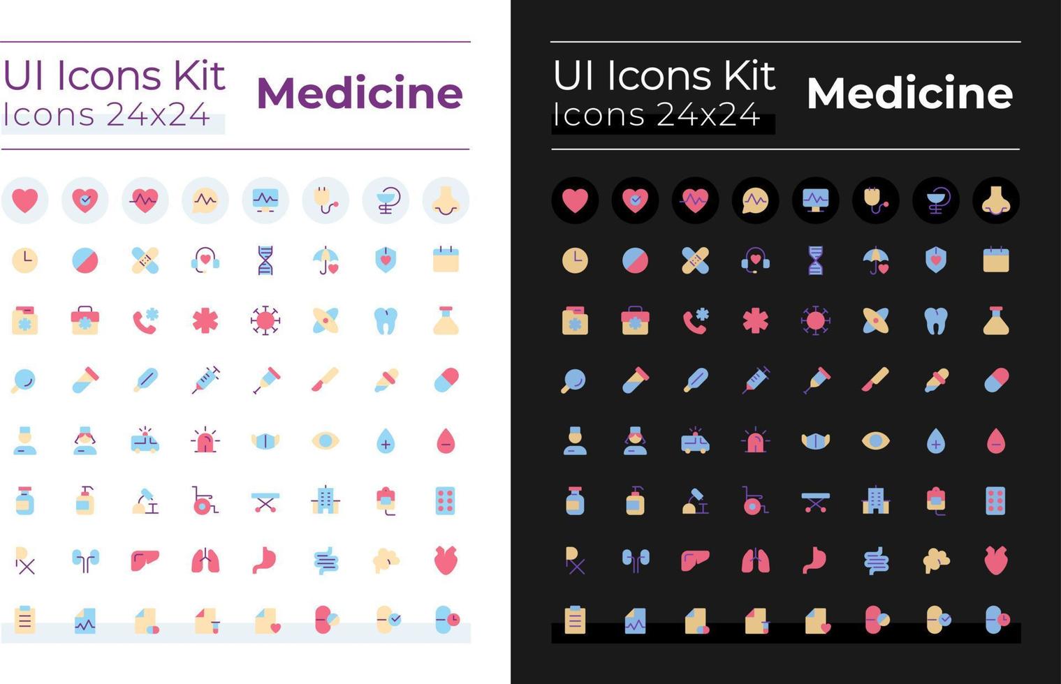 Medicine flat color ui icons set for dark, light mode. Medical treatment. Drug packaging. Healthcare. GUI, UX design for mobile app. Vector isolated RGB pictograms