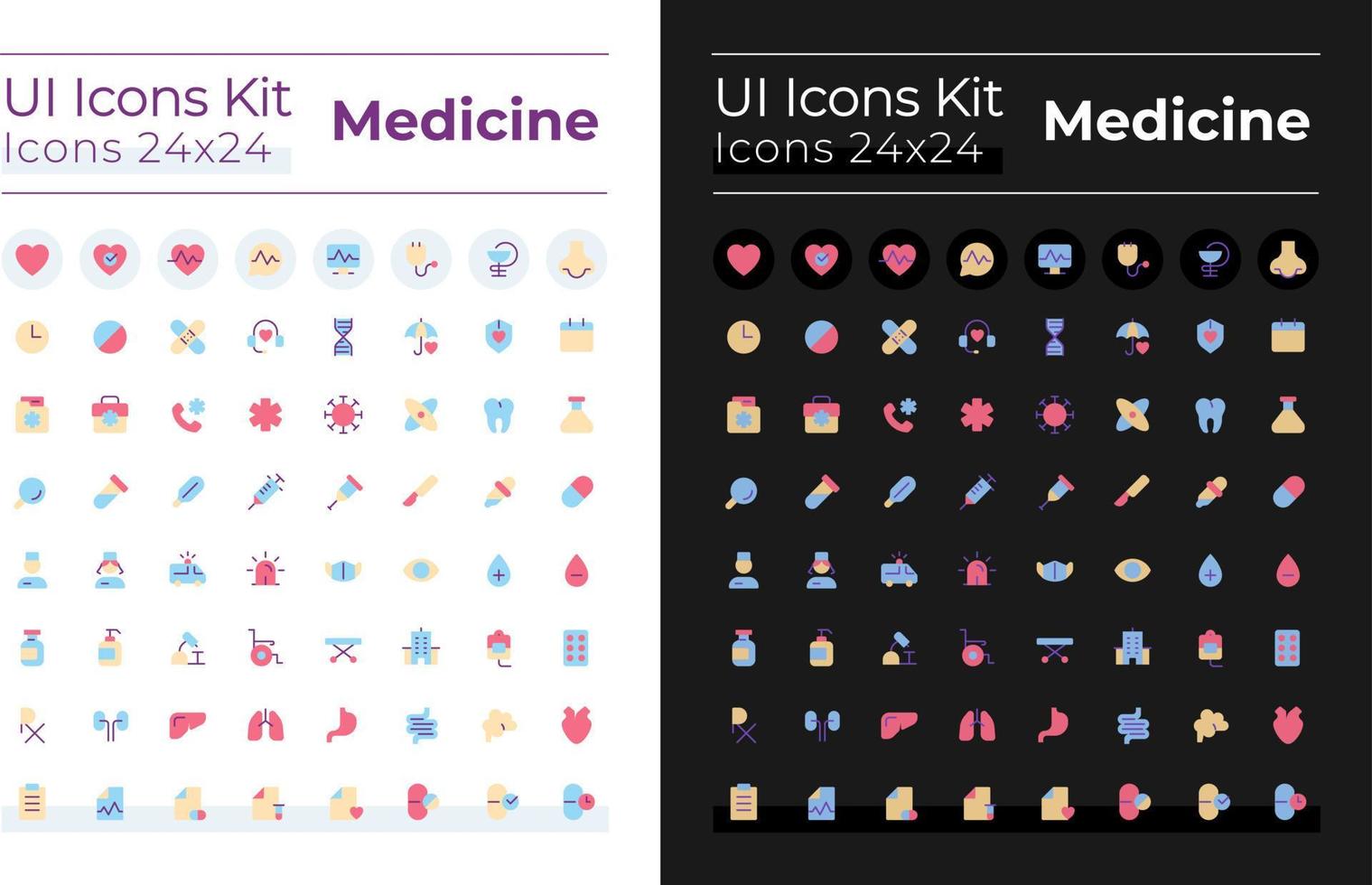 medicina plano color ui íconos conjunto para oscuro, ligero modo. médico tratamiento. fármaco embalaje. cuidado de la salud. interfaz gráfica de usuario, ux diseño para móvil aplicación vector aislado rgb pictogramas