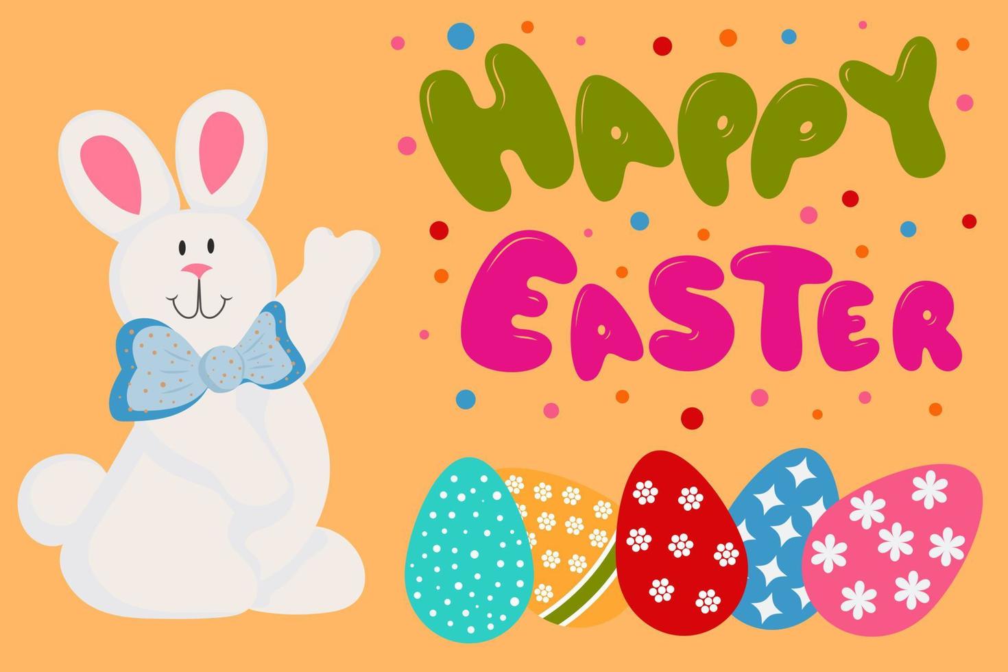 Happy Easter - card, in children's style, with an Easter bunny and multi-colored bright Easter eggs. vector