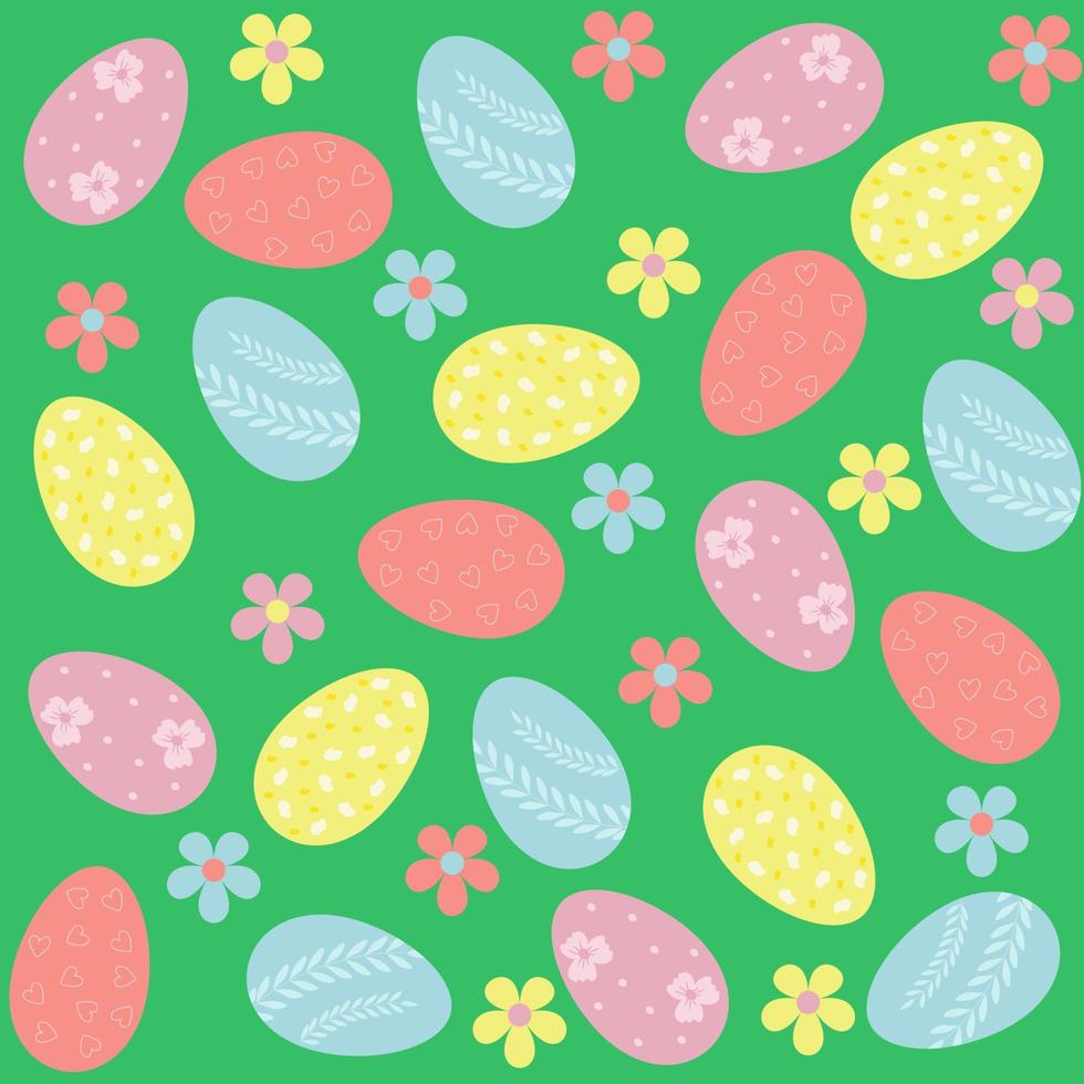 sin costura Pascua de Resurrección antecedentes con vistoso Pascua de Resurrección huevos, flores, en un verde antecedentes. diseño para embalaje, cubiertas, postales vector