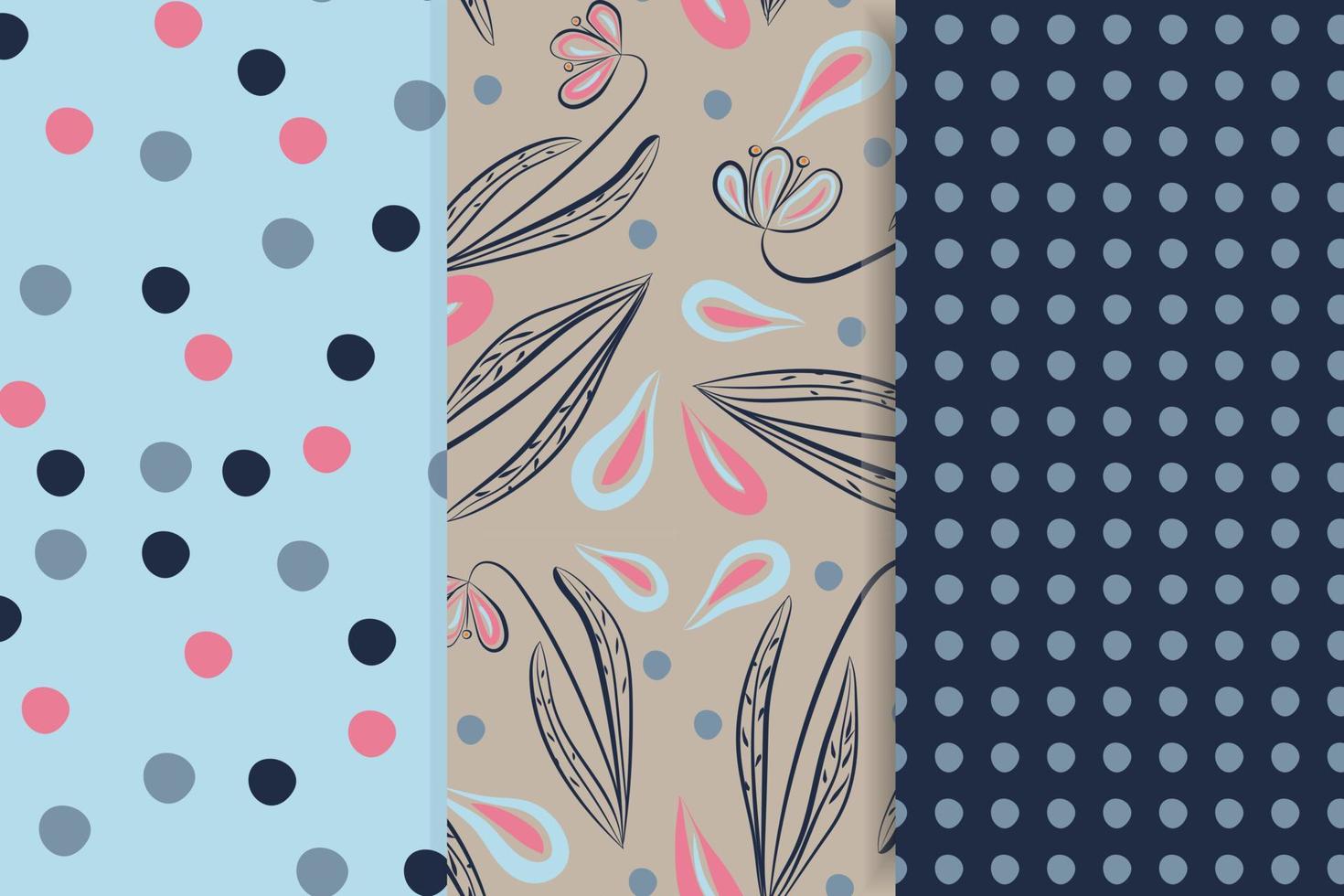 Three seamless endless patterns with flowers, polka dots, for fabric design, wallpaper, open, in blue, cyan, pink. vector