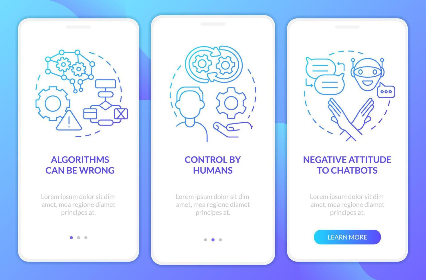 Cons of AI marketing blue gradient onboarding mobile app screen. Problems walkthrough 3 steps graphic instructions with linear concepts. UI, UX, GUI template vector
