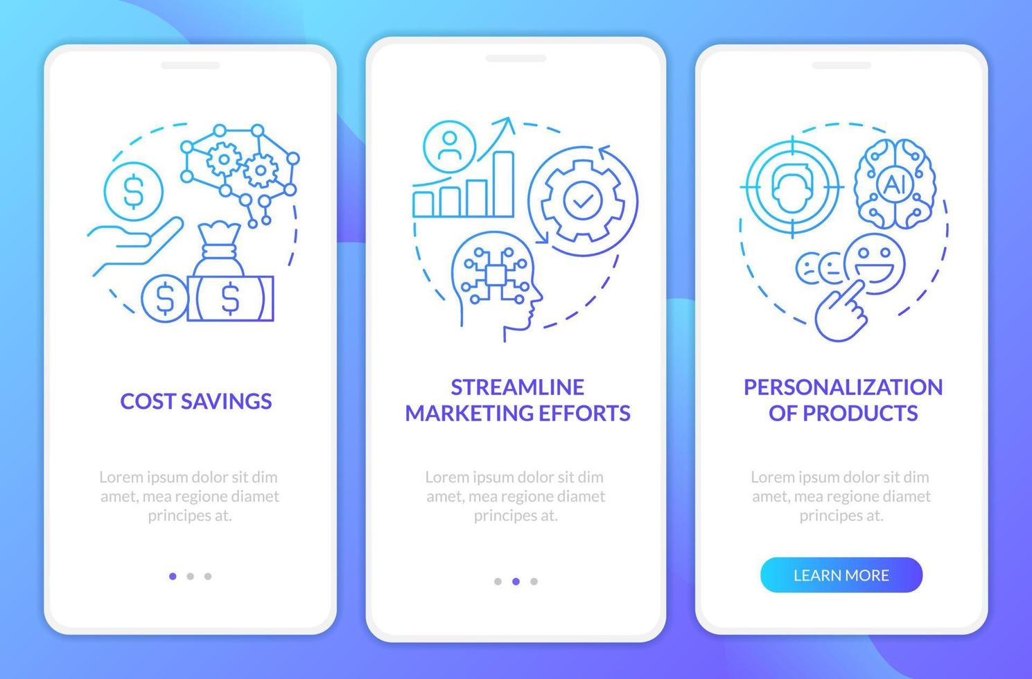 Benefits of AI in marketing blue gradient onboarding mobile app screen. Walkthrough 3 steps graphic instructions with linear concepts. UI, UX, GUI template vector