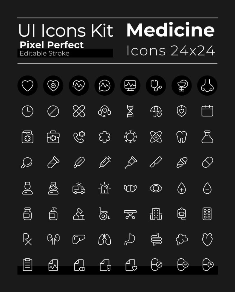 medicina relacionado píxel Perfecto blanco lineal ui íconos conjunto para oscuro tema. aislado usuario interfaz símbolos para noche modo. vector línea pictogramas. editable carrera