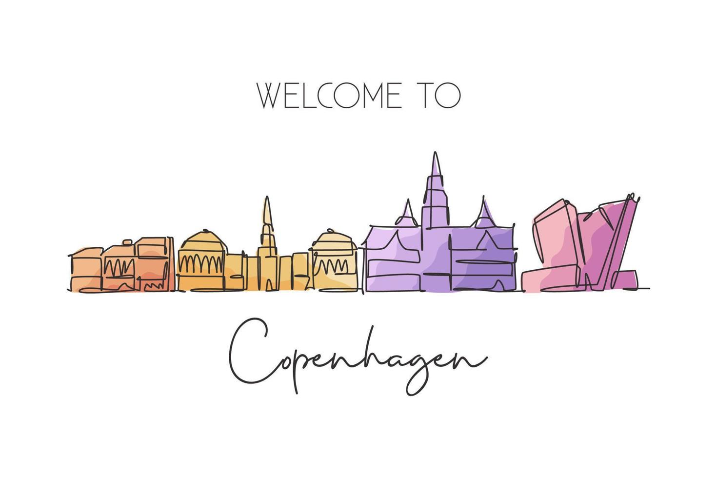 One single line drawing Copenhagen city skyline, Denmark. Historical town landscape in world. Best holiday destination wall decor poster print. Trendy continuous line draw design vector illustration