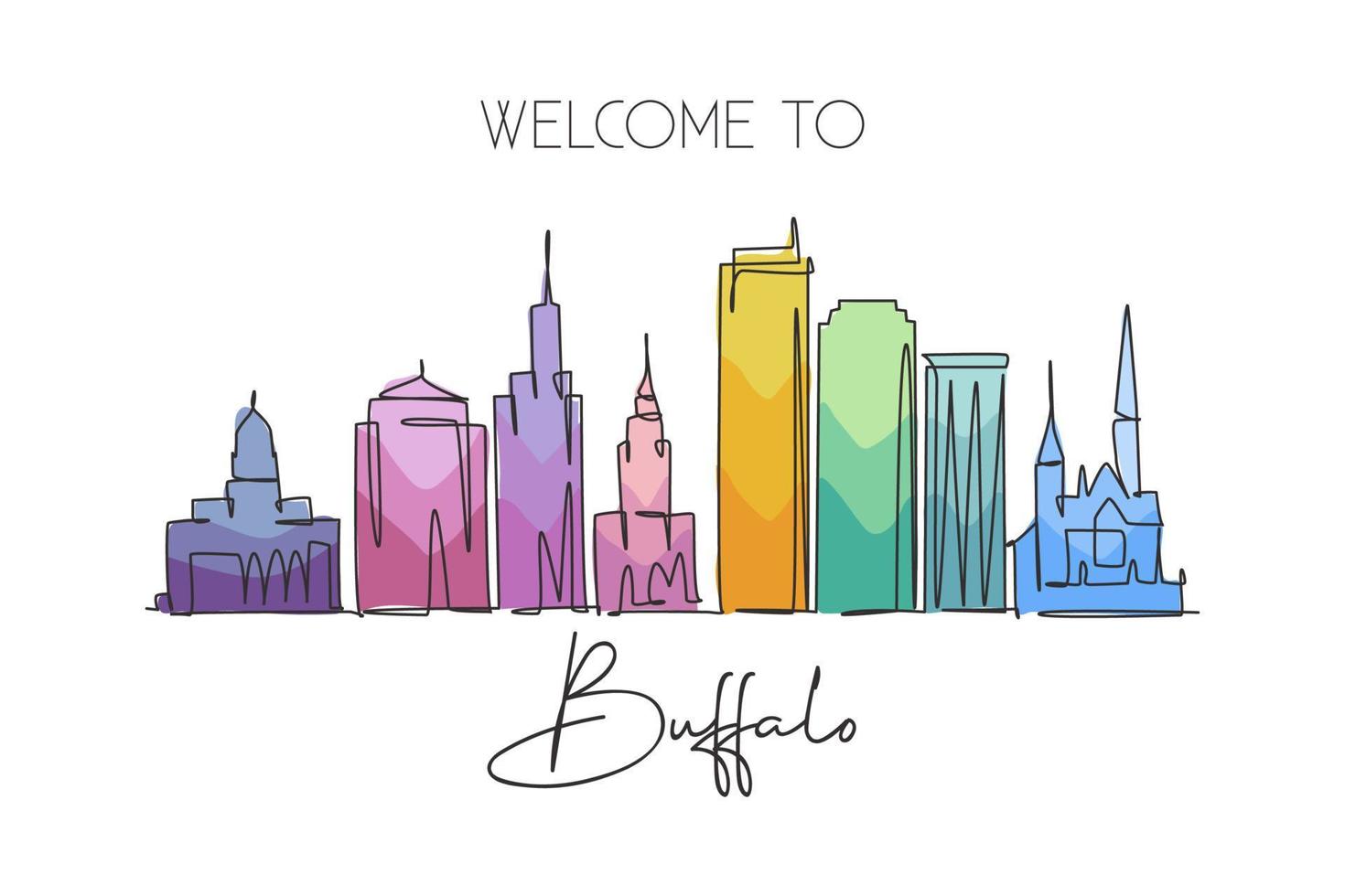 dibujo de una sola línea continua del horizonte de la ciudad de Buffalo, Estados Unidos. famoso raspador y paisaje de la ciudad. concepto de viaje mundial hogar pared decoración cartel impresión arte. Ilustración de vector de diseño de dibujo de una línea moderna